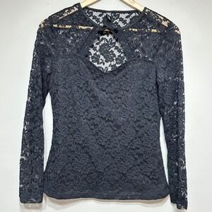 Floral‎ Lace Keyhole Blouse Womens M Black Sheer Sleeve Goth Whimsygoth Sexy